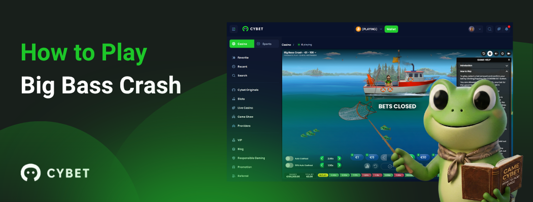 CYBET Big Bass Crash game interface with game instructions and a frog mascot presenting the guide.