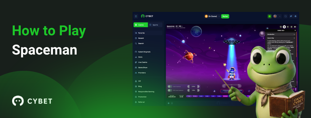 CYBET game screen showing the Spaceman game interface with instructions, featuring a frog mascot.