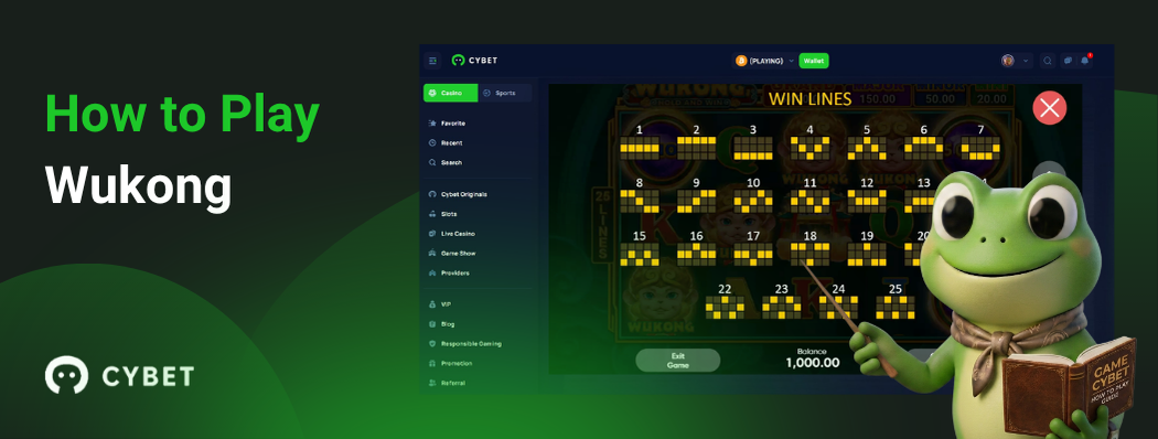 CYBET Wukong game interface showing win lines with the frog mascot holding a book.