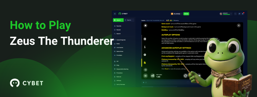 CYBET game screen showing Zeus The Thunderer with game settings and instructions, featuring the frog mascot.