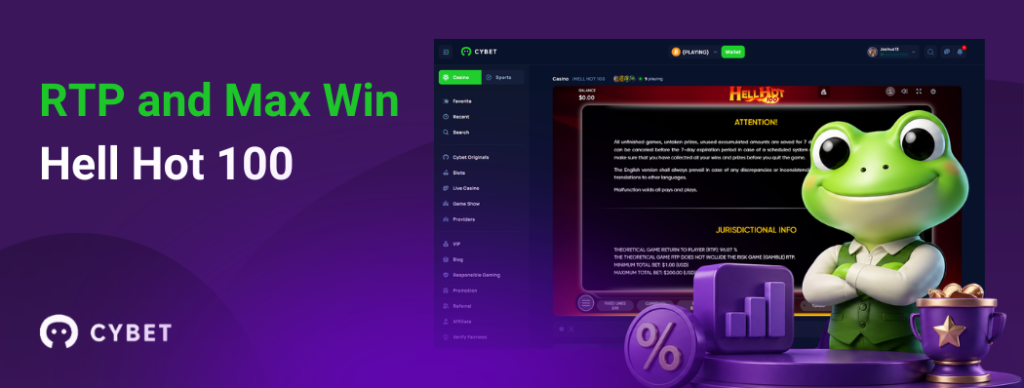 CYBET Hell Hot 100 game interface displaying RTP and max win details, with the frog mascot holding a trophy.