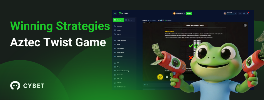 CYBET Aztec Twist game interface displaying winning strategies, with the frog mascot holding money guns.