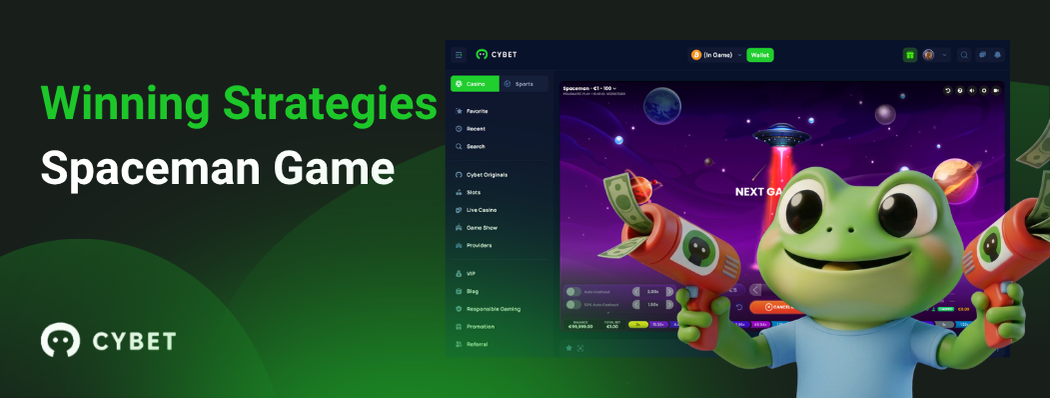 CYBET Spaceman game interface displaying winning strategies, with the frog mascot holding money guns.