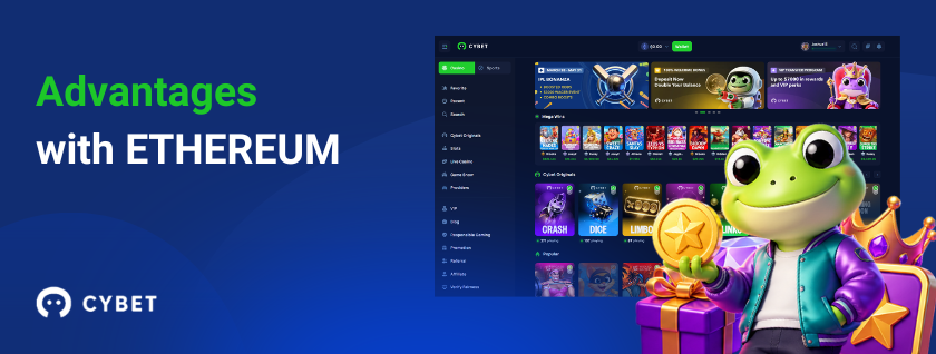 Cybet casino Ethereum advantages with games and frog mascot.