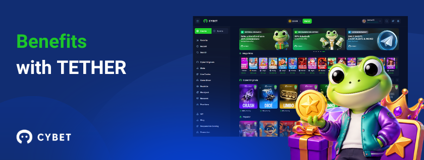 Tether benefits at CYBET casino with frog mascot and coin