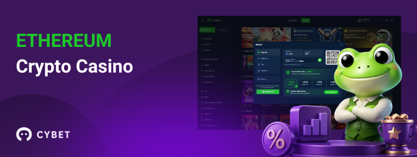 Cybet casino Ethereum crypto gambling page with frog mascot and bonus icons.