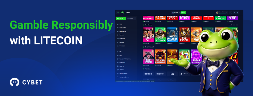 Gamble responsibly at CYBET Litecoin casino with frog mascot