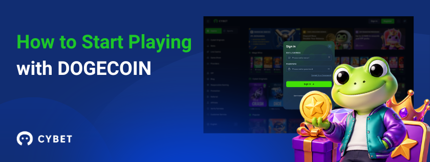 Cybet casino registration page for Dogecoin players with frog mascot.