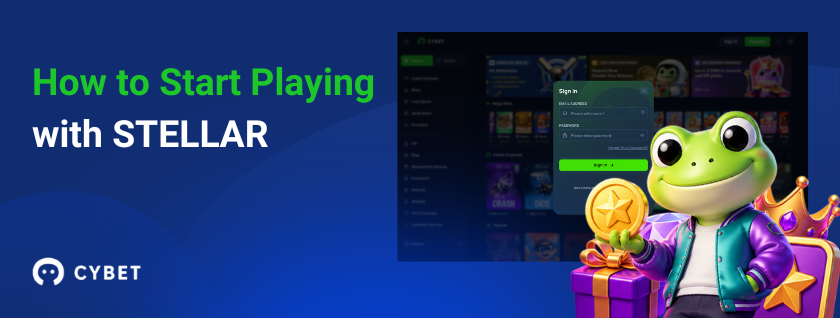 Cybet casino registration for Stellar players with frog mascot.