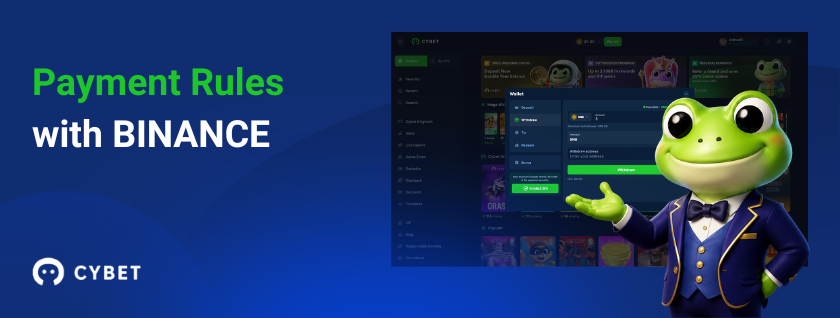 Cybet casino Binance payment rules with frog mascot in suit.