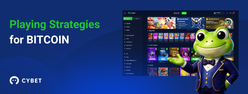 Bitcoin casino playing strategies at CYBET with frog mascot