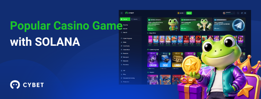 Popular Solana casino games at CYBET with frog mascot