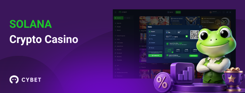 Solana crypto casino CYBET with frog mascot and gaming interface