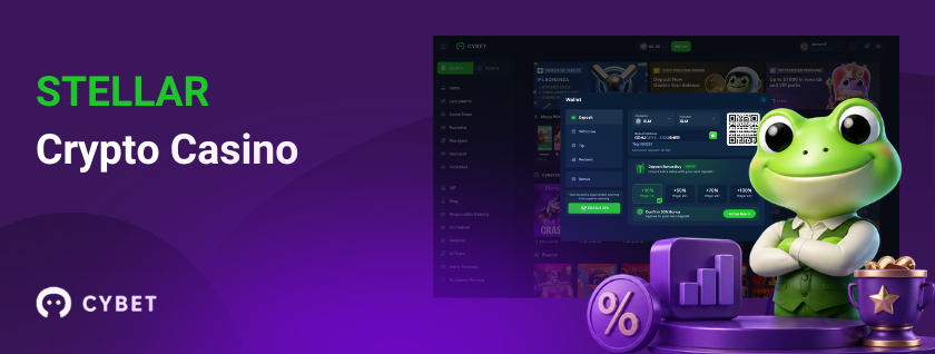 Cybet casino Stellar crypto gambling page with frog mascot and bonus icons.