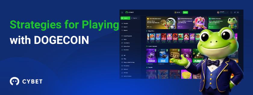 Cybet casino Dogecoin gaming strategies with frog mascot in suit.