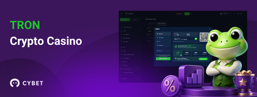 TRON crypto casino CYBET with frog mascot and gaming interface
