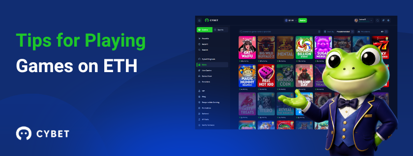 Cybet casino ETH gaming tips with slots and frog mascot in suit.