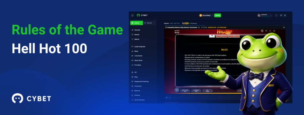 CYBET Hell Hot 100 slot rules interface, with the frog mascot presenting classic symbols and payout rules.