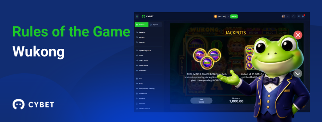 CYBET Wukong slot rules interface, with the frog mascot explaining jackpot features and symbol values.
