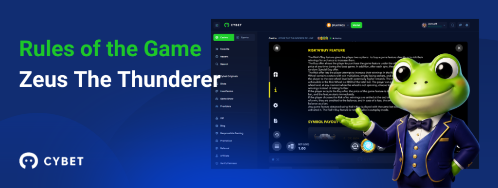 CYBET Zeus The Thunderer slot rules interface, with the frog mascot presenting bonus features and payout mechanics.