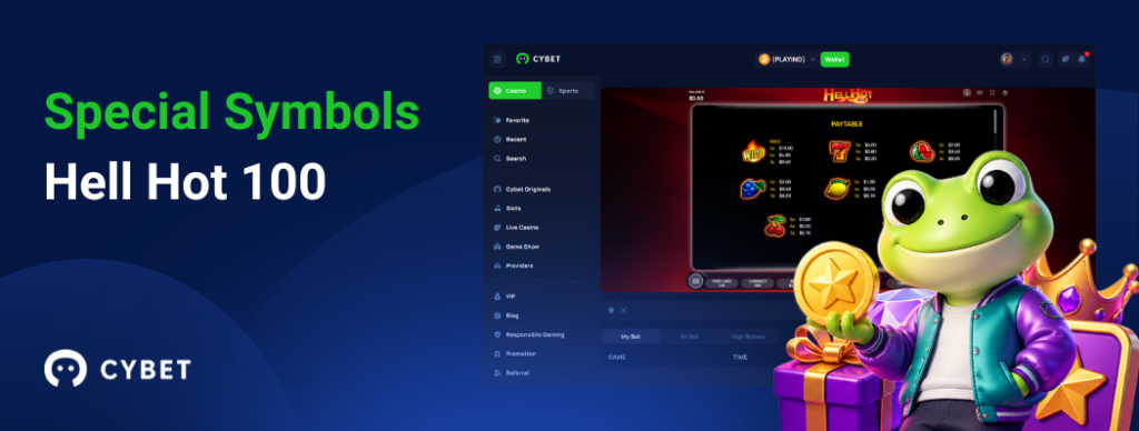 Hell Hot 100 game interface displaying special symbols and payouts, with the frog mascot celebrating a win.