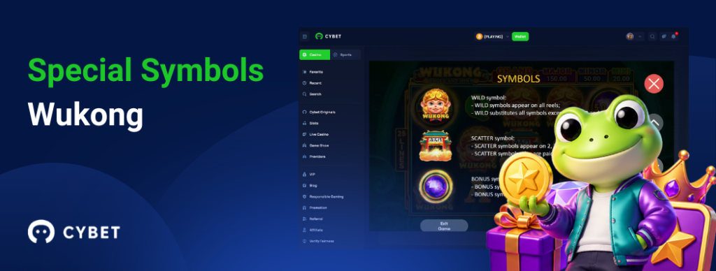 Hell Hot 100 game interface displaying special symbols and payouts, with the frog mascot celebrating a win.