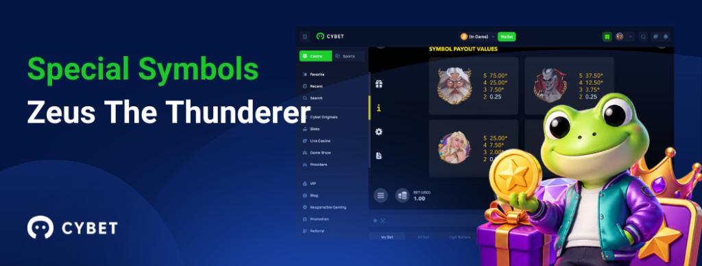 Zeus The Thunderer game interface with the frog mascot presenting special symbols and payouts.