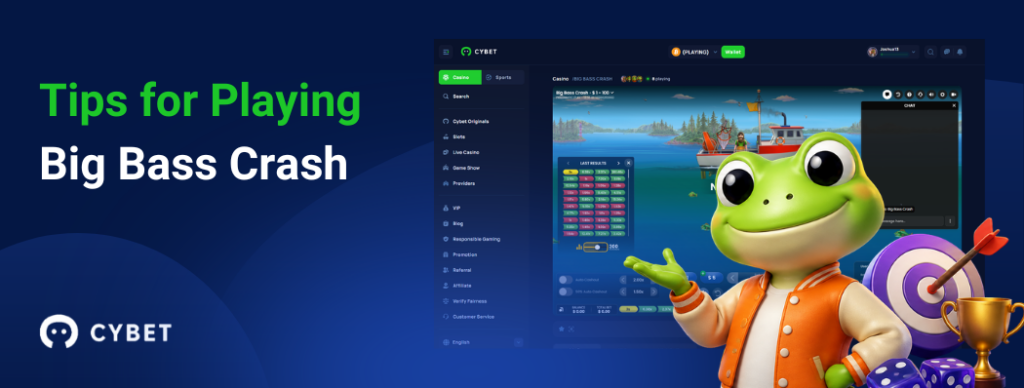 CYBET Big Bass Crash game interface displaying tips for playing, with the frog mascot wearing an orange jacket and holding a trophy.