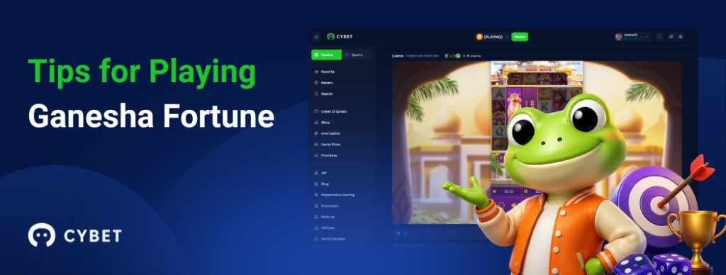 CYBET Ganesha Fortune game interface displaying tips for playing, with the frog mascot wearing an orange jacket and holding a trophy.