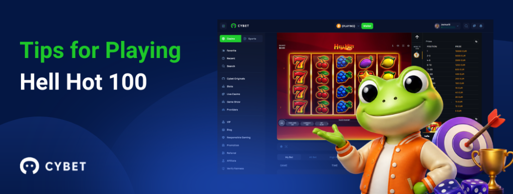 CYBET Hell Hot 100 game interface displaying tips for playing, with the frog mascot wearing an orange jacket and holding a trophy.