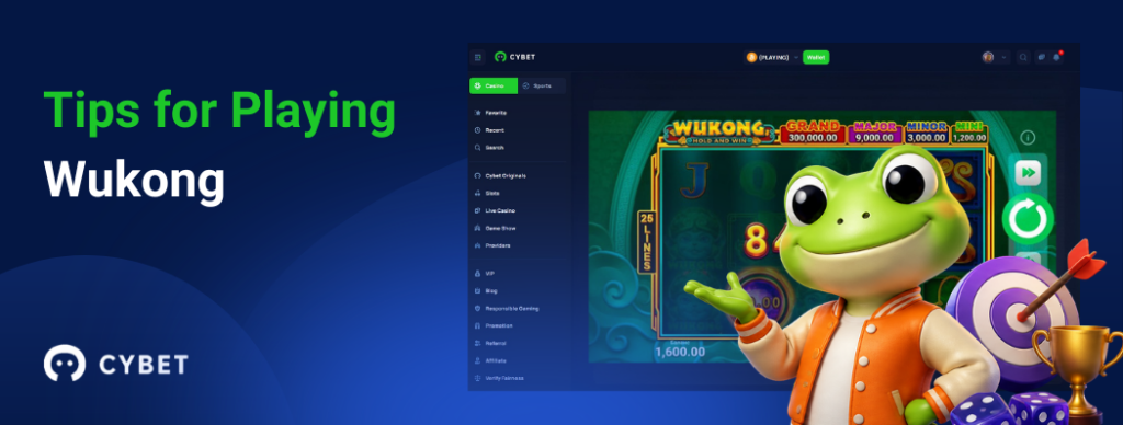 CYBET Wukong game interface displaying tips for playing, with the frog mascot wearing an orange jacket and holding a trophy.