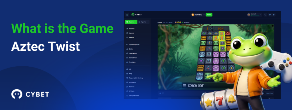 CYBET Aztec Twist game interface explaining gameplay mechanics, with the frog mascot pointing at the slot reels.