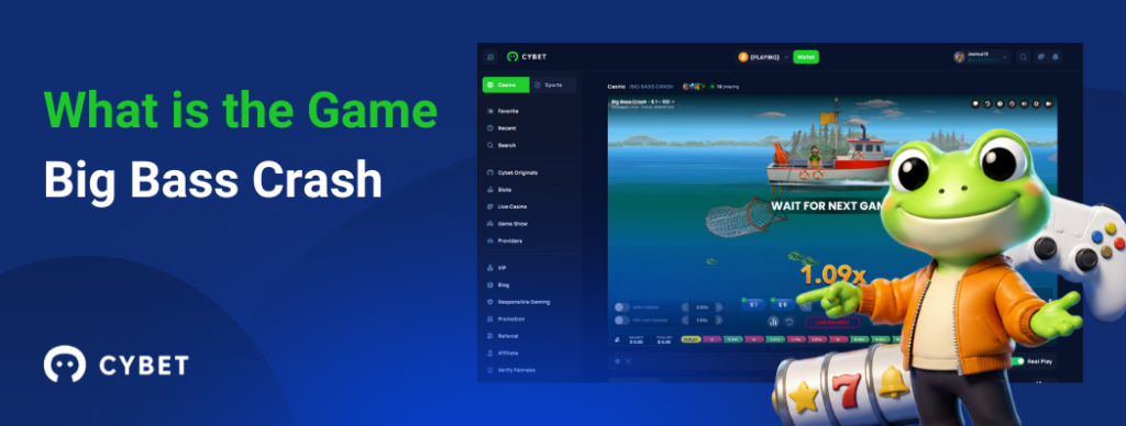 CYBET Big Bass Crash game interface explaining gameplay mechanics, with the frog mascot pointing at the multiplier screen.