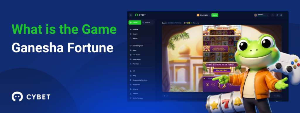 CYBET Ganesha Fortune game interface explaining gameplay mechanics, with the frog mascot pointing at the slot reels.