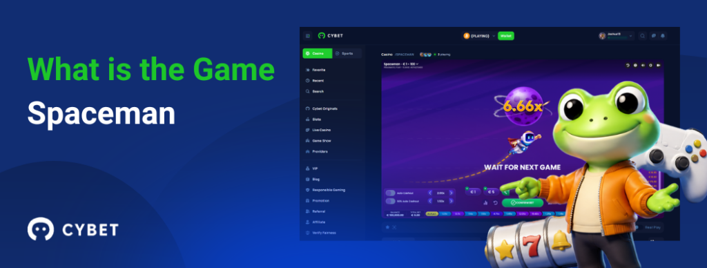 CYBET Spaceman game interface explaining gameplay mechanics, with the frog mascot pointing at the multiplier rocket.