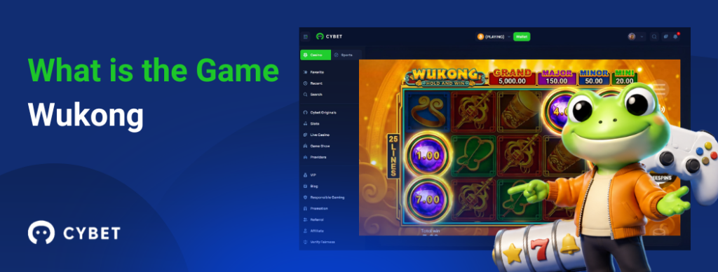 CYBET Wukong slot game interface displayed on screen, with the frog mascot pointing at reels featuring symbols, jackpots, and multipliers.