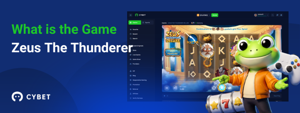 CYBET Zeus The Thunderer game interface explaining gameplay mechanics, with the frog mascot pointing at the slot reels and bonus symbols.