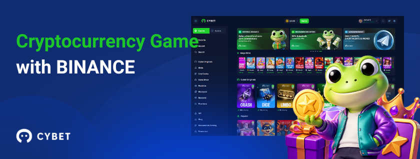 Cybet casino cryptocurrency games with Binance and frog mascot.