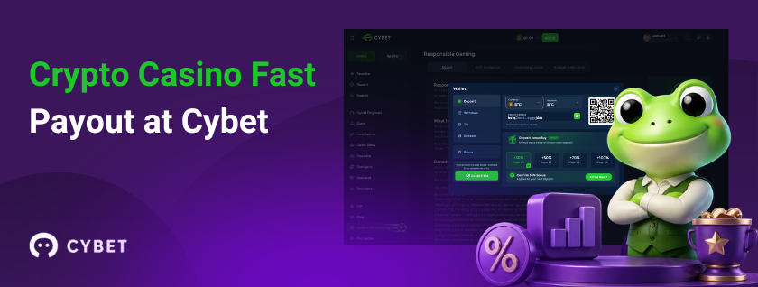 Crypto casino fast payout at CYBET with frog mascot
