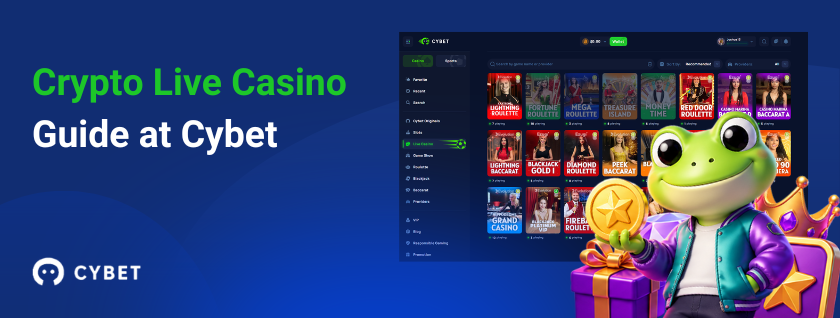 Crypto live casino guide at CYBET with frog mascot