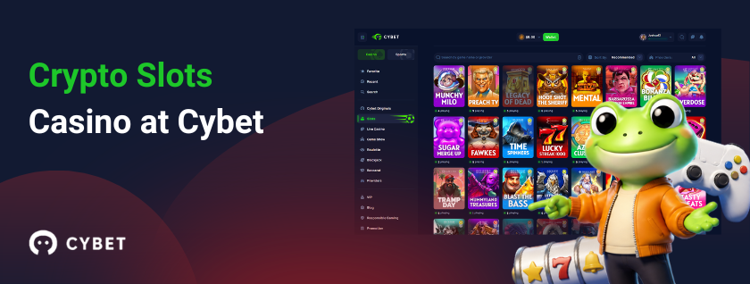 Crypto slots casino at CYBET with frog mascot and gamepad