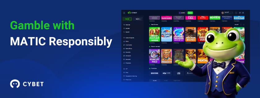 Gamble responsibly with MATIC at CYBET with frog mascot