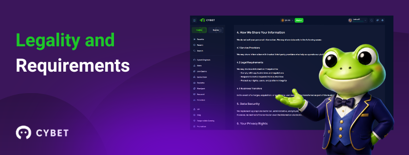 Legality and requirements at CYBET casino with frog mascot