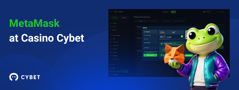 MetaMask at CYBET crypto casino with frog mascot holding fox