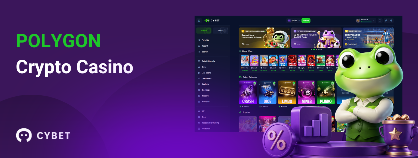 Polygon crypto casino CYBET with frog mascot and gaming interface