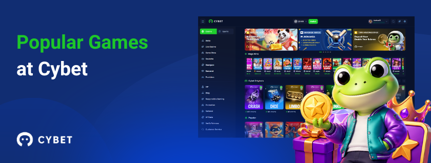 Popular games at CYBET casino with frog mascot and coin