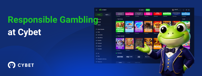 Responsible gambling at CYBET crypto slots with frog mascot