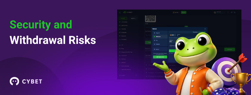 Security and withdrawal risks at CYBET with frog mascot