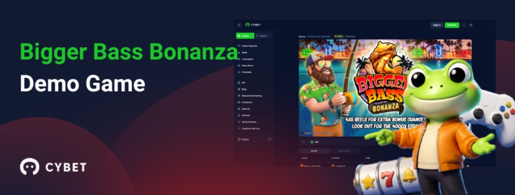 Bigger Bass Bonanza demo game screen with Cybet casino interface and cartoon frog mascot holding a game controller, showing the slot’s main reels and theme graphics.