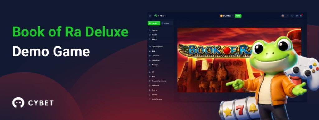 Book of Ra Deluxe demo game screen with Cybet casino interface and cartoon frog mascot holding a controller